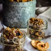 Two small jars of granola sit in small jars with a larger tin of granola in the background. Dried apples sit in the foreground.