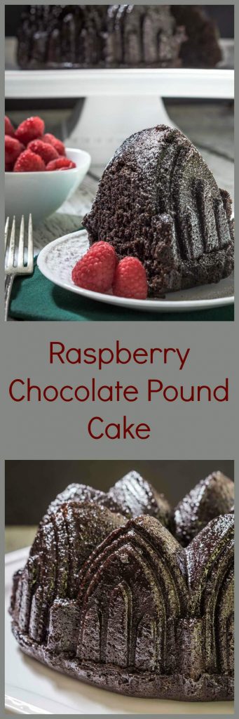 A two photo collage for Pinterest. The top photo is a slice of raspberry glazed chocolate raspberry cake and the bottom photo is of the whole cake. The title \"Raspberry Chocolate Pound Cake\" runs through the center.