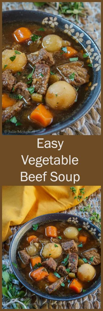 Two photo collage for Pinterest of a gray bowl filled with Vegetable Beef soup loaded with large chunks of beef and vegetables. The title \"Easy Vegetable Beef Soup\" runs between them.