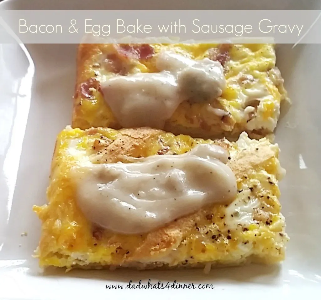 Two slices of Bacon & Egg Bake with Sausage Gravy on a white plate.