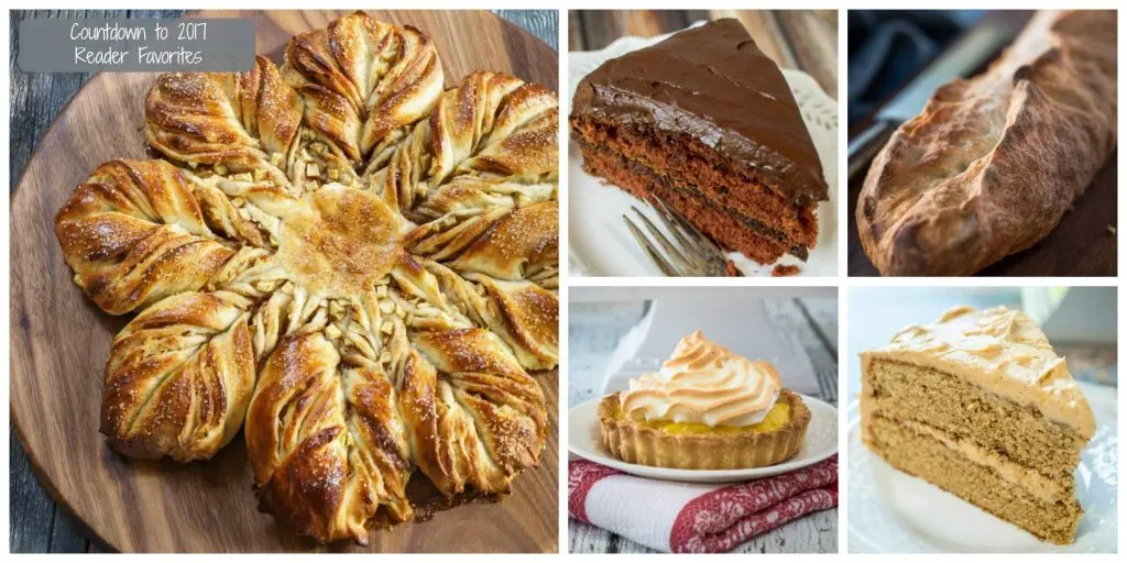 Three photo collage of a star shaped bread, a piece of chocolate cake, and a Meringue Pineapple Tart on a white plate.