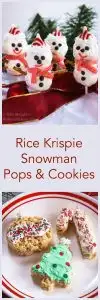Two photo collage for Pinterest.  The top photo is snowmen made out of Rice Krispies covered in a white candy coating and the features made out of candy. The bottom photo is stamped Rice Krispie Christmas Ornaments decorated with candies. The title \"Rice Krispie Snowman Pops & Cookies run through the center.