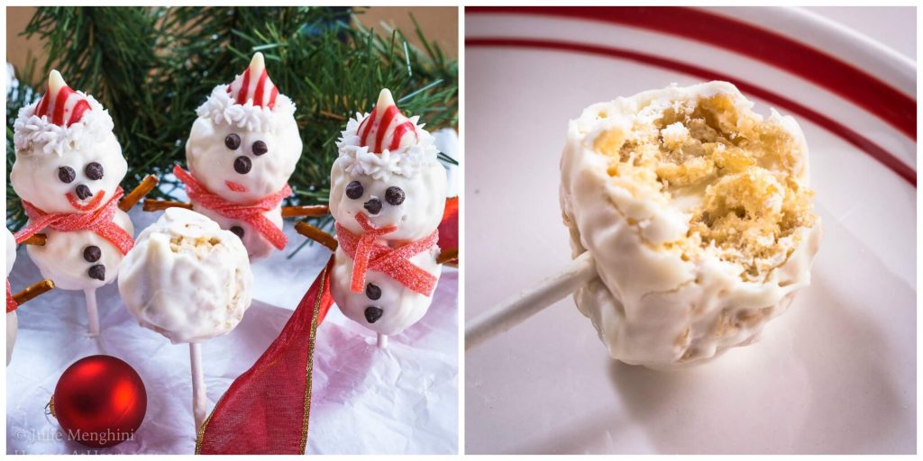 Two photos showing 2 Rice Krispie Snowman Pops with cute little chocolate chip eyes, striped candy hat and a candy leather mufflers sit over a red ribbon with pine trees in the background and a snowman cut in half showing the cookie center.
