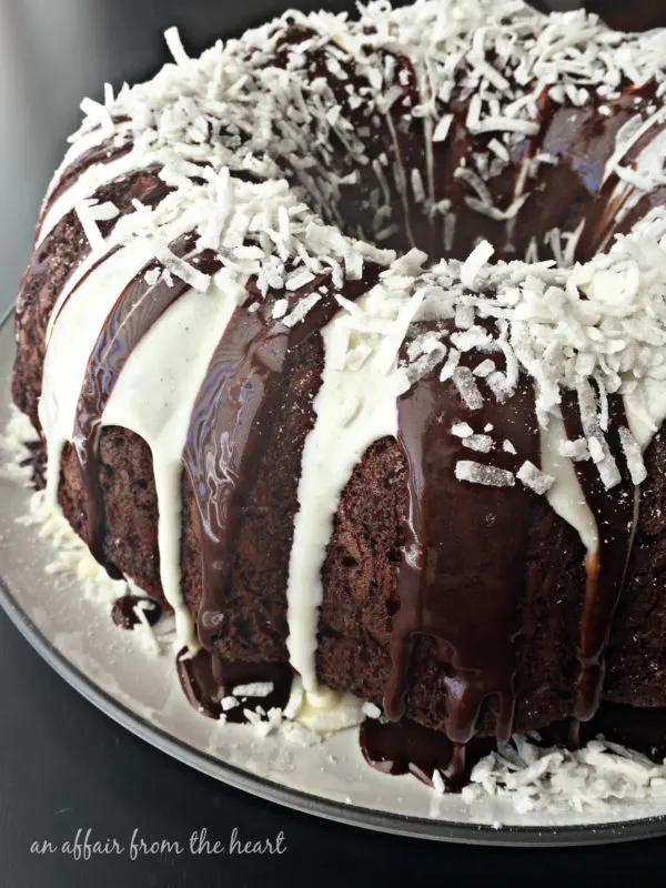 A Chocolate Macaroon Tunnel Cake glazed with white glaze and coconut.