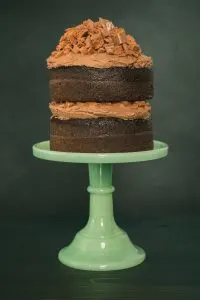 A side view of a Chocolate Tim Tam Cake with Mexican Chocolate Frosting on a green cake stand.
