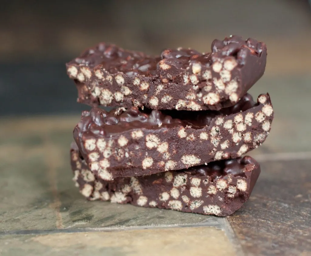 A stack of three Chocolate Crunch Bars.