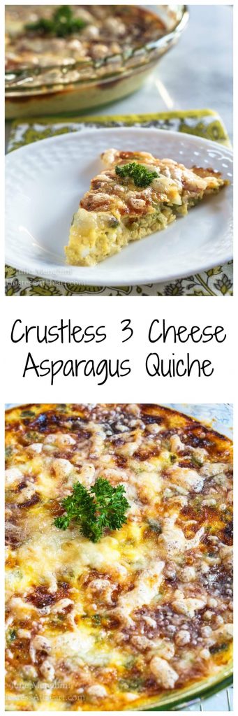 Two photo collage for Pinterest. The top photo is a slice of Crustless 3 Cheese Asparagus Quiche sitting on a white plate in front of the pie plate of quiche. The bottom photo is a close-up view of the pie plate filled with the Quiche. The title \"Crustless 2 Cheese Asparagus Quice\" runs through the center of the photos.