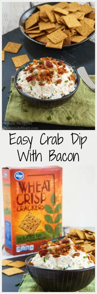 Two photo collage for Pinterest of a bowl of Cheese dip made with crab and bacon sits in a black bowl with crackers in the background. The box of crackers sits behind the dip in the bottom photo. The title \"Easy Crab Dip with Bacon\" runs between the two photos.