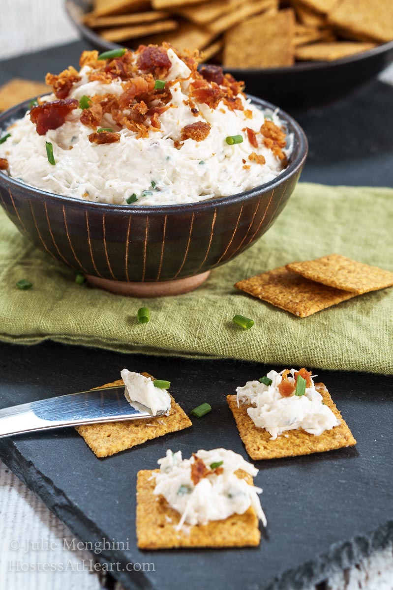 Easy Crab Dip with Bacon recipe will appeal to anyone that walks through the door. It's perfect for a fancy affair or the next pigskin party. | HostessAtHeart.com