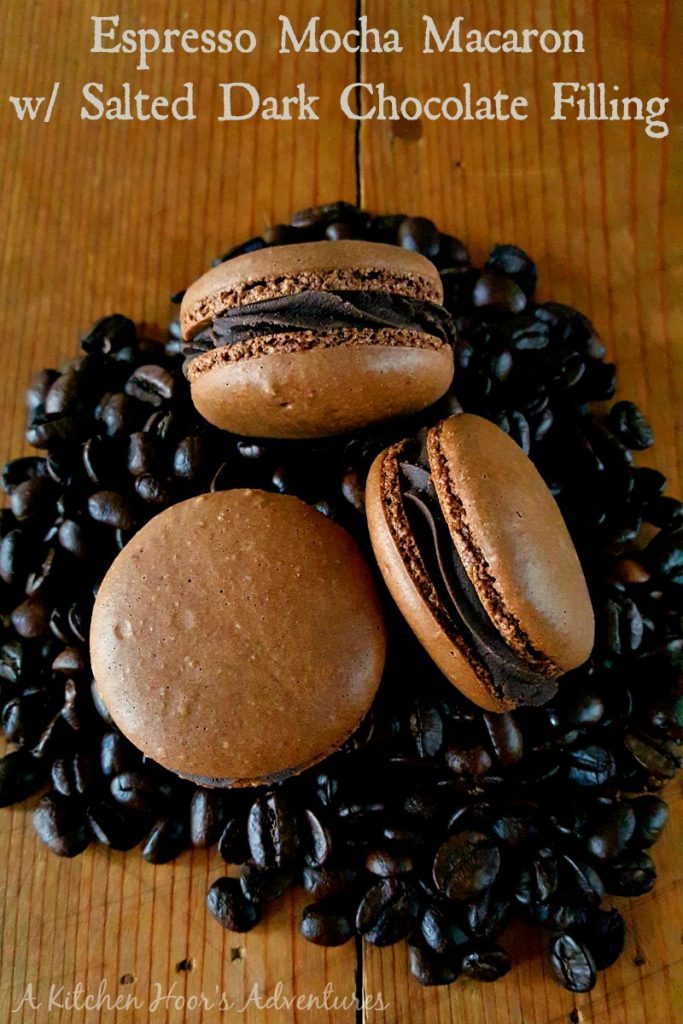 Three Chocolate Macrons sitting on a pile of coffee beans.