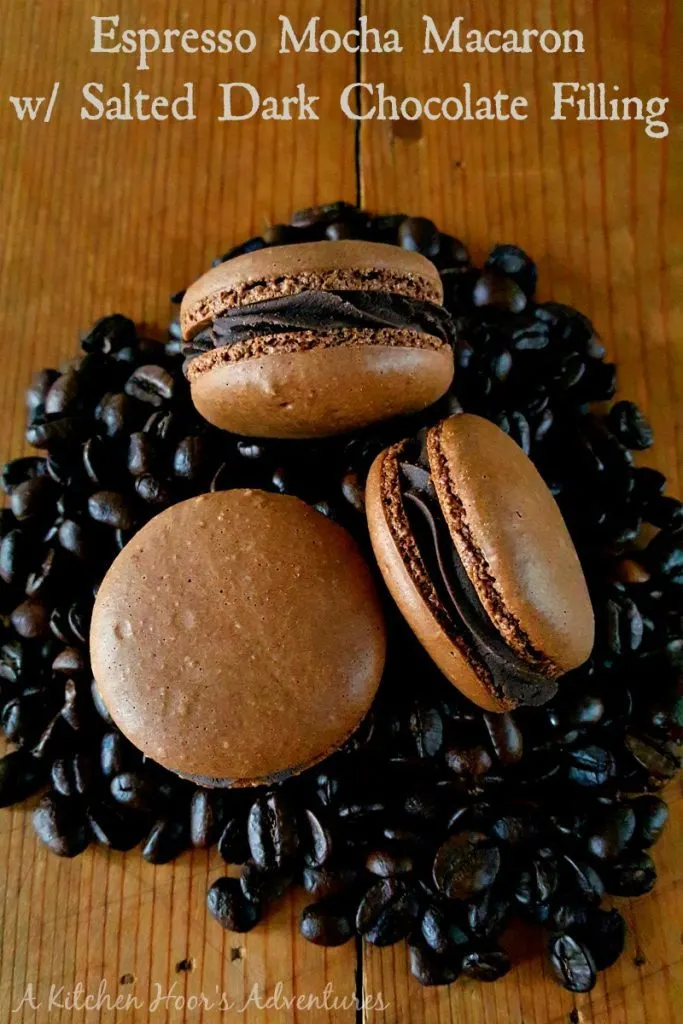 Three Chocolate Macrons sitting on a pile of coffee beans.