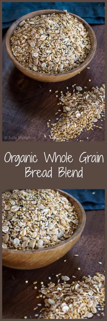 A two-photo collage for Pinterest of a wooden bowl filled with an Organic Whole Grain Bread Blend with some of the mix scattered on a wooden cutting board. The title \"Organic Whole Grain Bread Blend\" runs through the center of the photos.