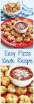 Red plate topped with baked pizza knots and a white bowl containing pizza sauce.