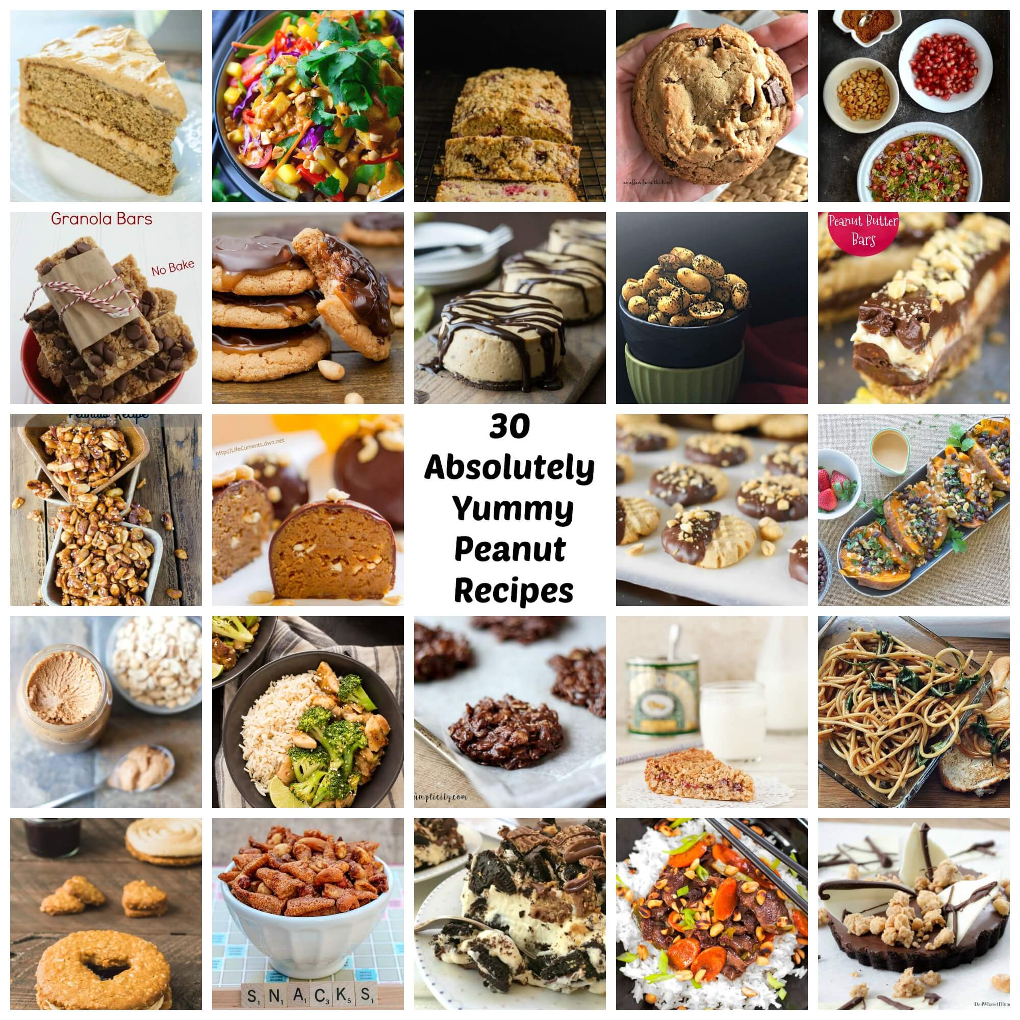 A collage of photos for recipes all containing peanuts.