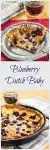 Pinterest 2 photo collage with title running through it showing a slice of a blueberry dutch baby pancake on a metal plate over a red napkin with a cup of coffee behind it. The bottom photo is a whole dutch baby pancake in a cast iron skillet.