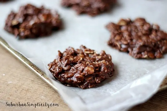 A cookie sheet filled with No-Bake Chocolate Peanut Butter Cookies.