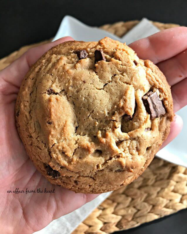 A hand holding a chocolate chunk cookie.