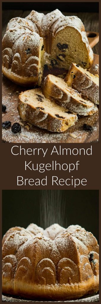 Two photo collage for Pinteres. The top photo is a powdered sugar dusted bundt bread with cut slices laying in front of it. The bottom photo is a side view of the loaf.