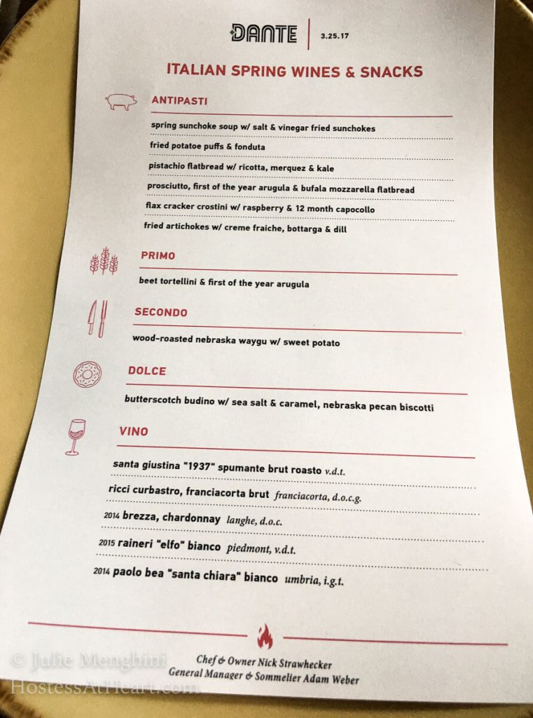 A close up the Dante restaurants menu.