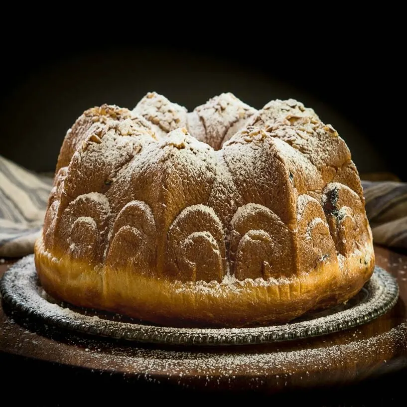 A loaf of Cherry Almond Kugelhopf Bread that\'s been baked and shaped in a bundt pan sprinkled with powdered sugar and sitting on a silver platter over a cutting board.