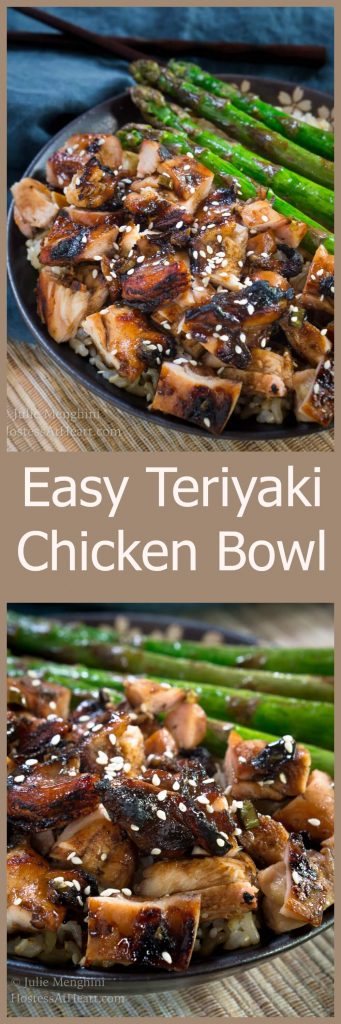 Two photos for Pinterest a gray plate holding diced chicken cooked in teriyaki sauce and sprinkled with sesame seeds sitting in front of grilled asparagus. The recipe title \"Easy Teriyaki Chicken Bowl\" runs through the center.