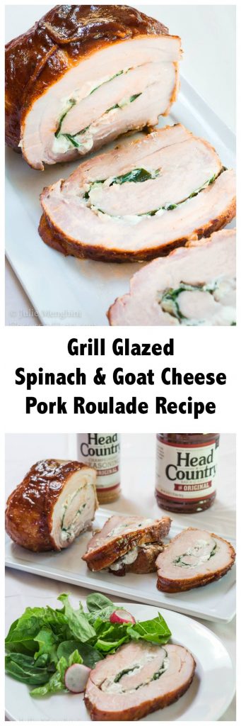 A two photo collage for Pinterest of a grilled pork tenderloin that\'s been stuffed with goat cheese and spinach, tied and then grilled and sliced on a white platter. The second photo shows Head Country BBQ sauce and seasoning in the background.