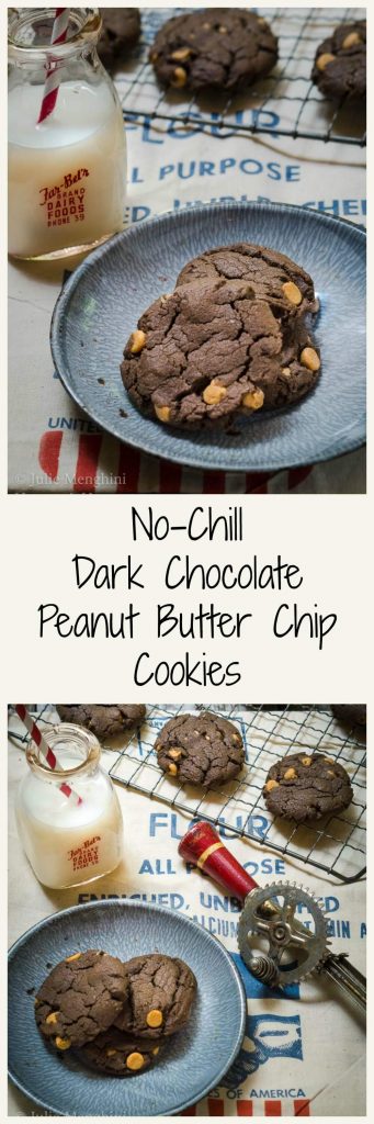 Two photo collage for Pinterest of Chocolate cookies dotted with peanut butter chips over a flour sack.  The title \"No-Chill Dark Chocolate Peanut Butter Chip Cookies\" runs through the center.