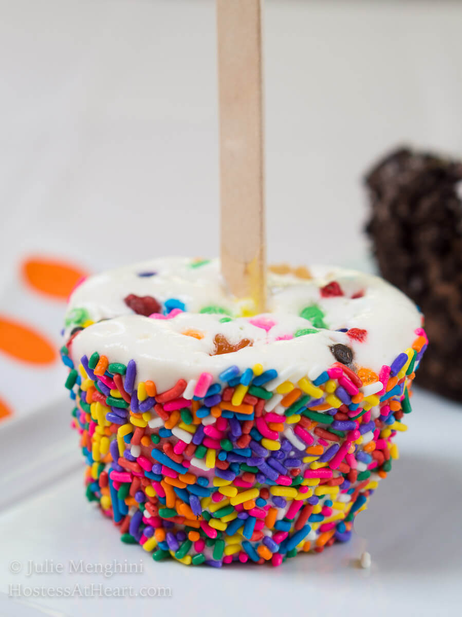 Sideview of an icecream pop rolled in rainbow sprinkles with a popsicle stick in the center sitting on a white plate.