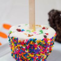 Sideview of an icecream pop rolled in rainbow sprinkles with a popsicle stick in the center sitting on a white plate.