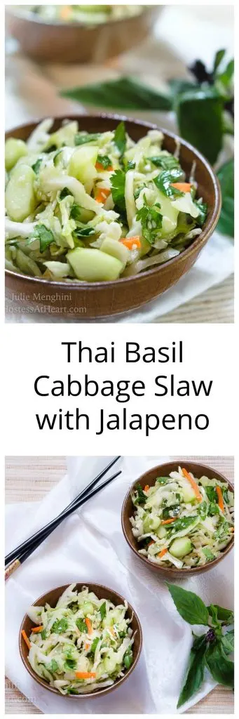 Two photo collage for Pinterest of different angles of A wooden bowl heaped with Thai Basil Cabbage Slaw dotted with cucumbers and jalapenos. The title \"Thai Basil Cabbage Slaw with Jalapeno\" runs between them.