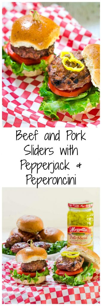 A two photo collage for Pinterest of a Side view of a hamburger that\'s been stuffed with Pepperjack cheese and pepperoncini sitting over a slice of tomato and lettuce between a bun. A skewer secures the bun to the burger. over a red-checked cloth. The title \"Beef and Pork Sliders with Pepperjack & Peperoncini runs through the center.