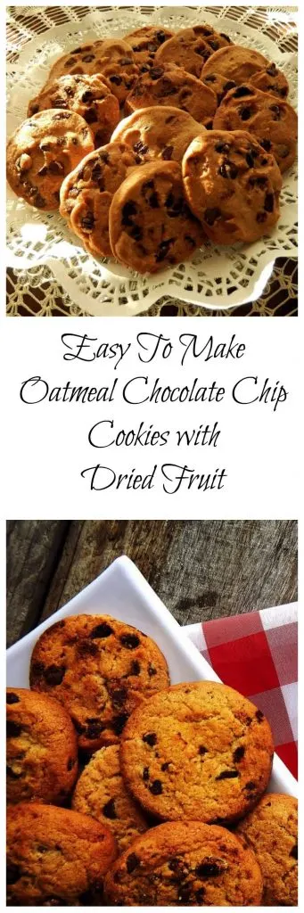 Two photo collage for Pinterest of cookies on a white plate. One photo is over a lace-covered plate and the second dish sits over a red checked napkin. The title \"Easy to Make Oatmeal Chocolate Chip Cookies with Dried Fruit\" divides the two photos.