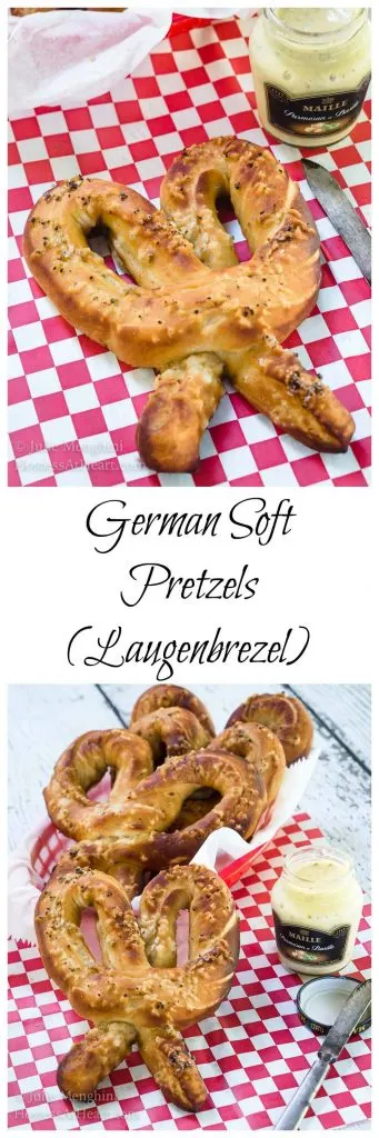 Two photo collage for Pinterest of Soft pretzels and a jar of mustard sit on a red checked paper napkin. A basket of pretzels sits in the background. A spreading knife sits next to the jar. The other photo is of one pretzel. The recipe title \"German Soft Pretzels (Laugenbrezel) runs between the two photos.