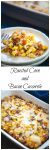 A two photo collage for Pinterest with the title "Roasted Corn and Bacon Casserole through the center. The top photo has some of the casserole spooned over a plate. The second photo is a white casserole dish containing the casserole next to a blue napkin.