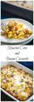 A two photo collage for Pinterest with the title "Roasted Corn and Bacon Casserole through the center. The top photo has some of the casserole spooned over a plate. The second photo is a white casserole dish containing the casserole next to a blue napkin.