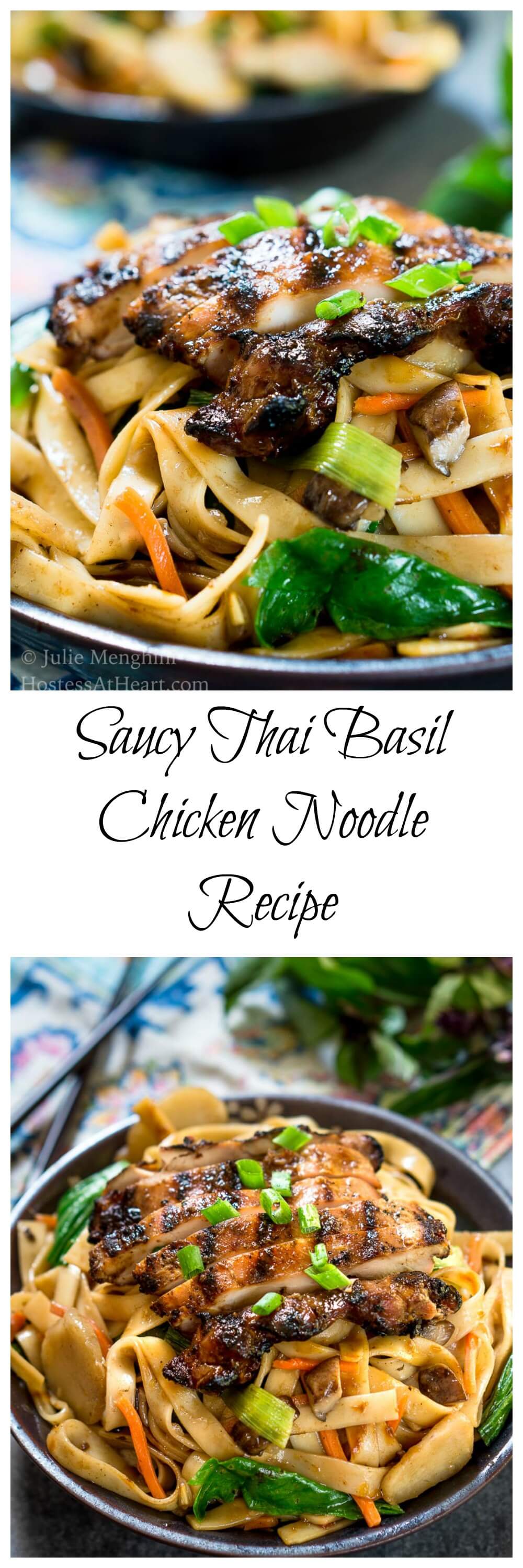 Saucy Thai Basil Chicken Noodle Bowl Recipe is a creamy blend of Asian flavors.  It's a little bit sweet and spicy and a whole bunch delicious! | HostessAtHeart.com
