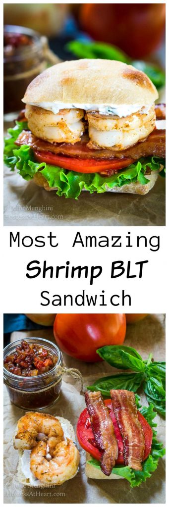 Two photo collage for Pinterest. The top photo is of a Bacon, Lettuce, Tomato, and shrimp sandwich on a ciabatta roll. The bottom photo shows the ingredients used for the sandwich. The recipe title \"Most Amazing Shrimp BLT Sandwich\" separates the two photos.