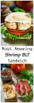 Two photo collage for Pinterest. The top photo is of a Bacon, Lettuce, Tomato, and shrimp sandwich on a ciabatta roll. The bottom photo shows the ingredients used for the sandwich. The recipe title "Most Amazing Shrimp BLT Sandwich" separates the two photos.
