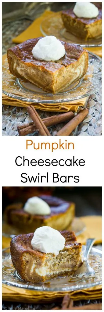 Two photos showing different angles of sliced Pumpkin cheesecake. The inside shows swirls of creamed cheese running through it and it\'s topped with whipped cream on a glass plate. The title \"Pumpkin Cheesecake Swirl Bars\" separate the photos.