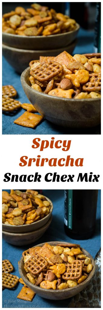 Different angles of a two photo collage for Pinterest of two wooden bowls filled with Spicy Sriracha Snack Mix over a blue napkin. Additional snack mix is spilled next to the bowls. The recipe title \"Spicy Sriracha Snack Chex Mix\" runs through the center of the two photos.