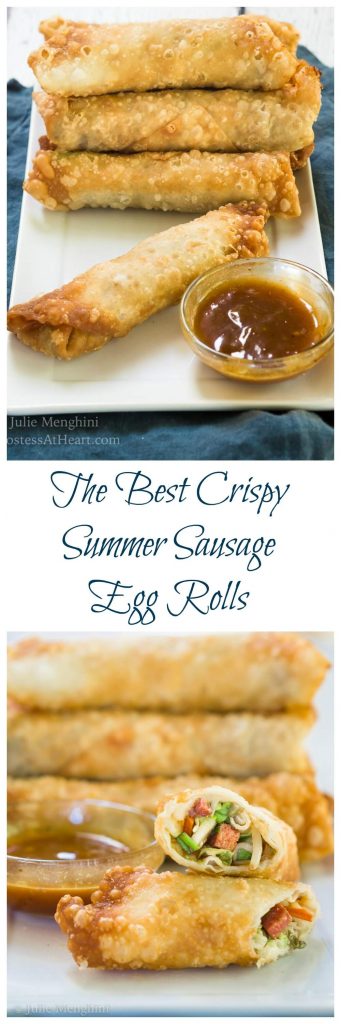 Two photo collage for Pinterest of a stack of egg rolls and a small dish of dipping sauce sitting on a white plate over a blue napkin. The title \"The Bet Crispy Summer Sausage Egg Rolls\" separates the photos.