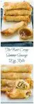 Two photo collage for Pinterest of a stack of egg rolls and a small dish of dipping sauce sitting on a white plate over a blue napkin. The title "The Bet Crispy Summer Sausage Egg Rolls" separates the photos.