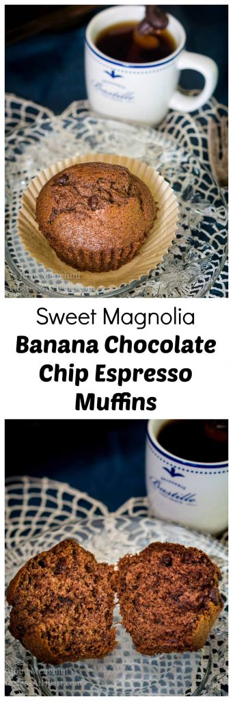 Two photo collage for Pinterest. The top photo is a top down photo of a Banana Chocolate Chip Espresso Muffin sitting on a glass plate over a lace doily. The bottom photo is a muffin cut in half with a cup of espresso sitting behind it. The title \"Sweet Magnolia Banana Chocolate Chip Espresso Muffins\" divides the two photos.