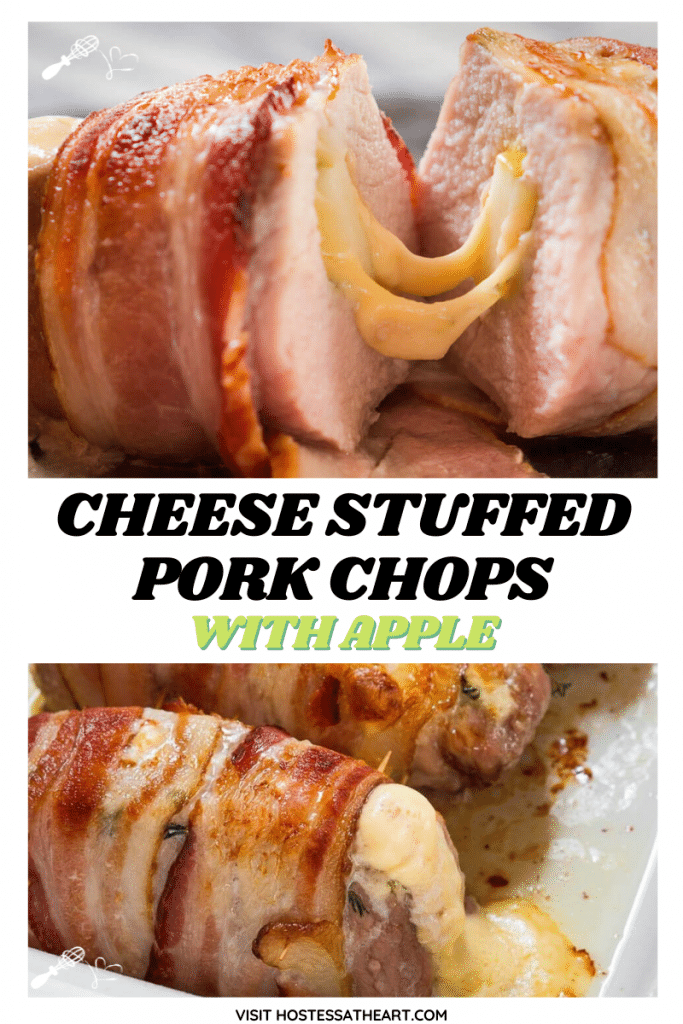 Two photo collage for Pinterest of Cheese Stuffed Pork Chops wrapped in bacon
