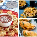 Collage of 3 photos showing the 2018 Best Appetizers and snacks including pizza knots sitting on a red plate, a wooden bowl full of snack mix, and 3 empanadas on a white plate.
