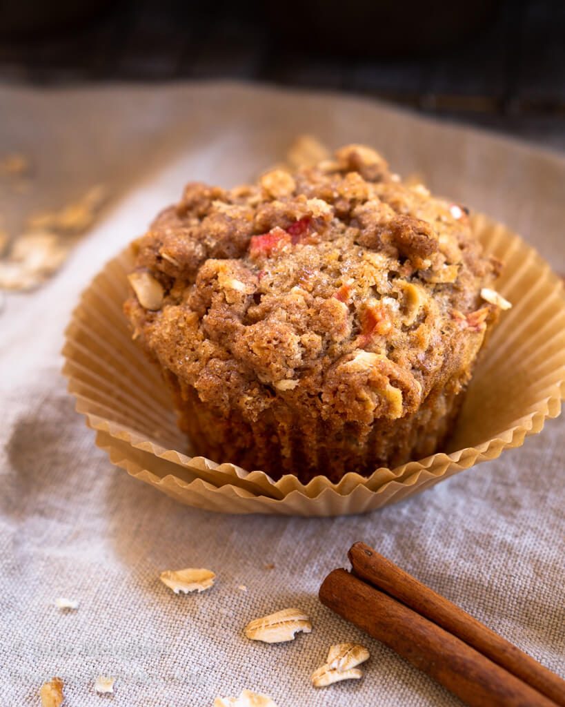 Rhubarb Oat Muffins with Cinnamon Butter Crumble