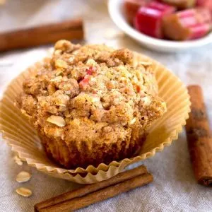 close up of Rhubarb Oat Muffins with Cinnamon Butter Crumble