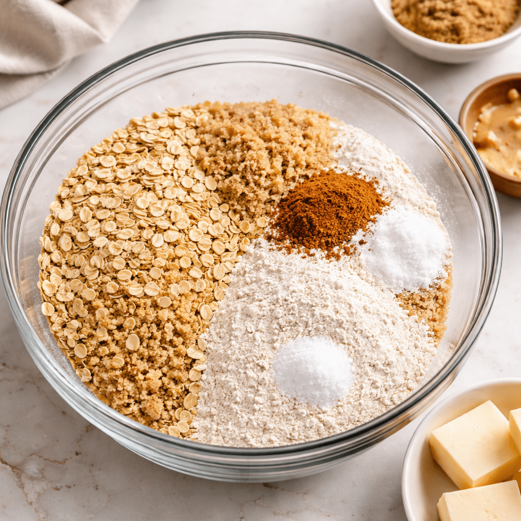 A mixing bowl filled with crumble ingredients: flour, brown sugar, baking soda, salt, and cinnamon