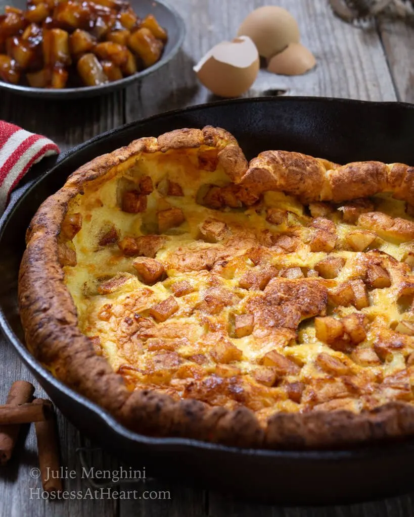 Close up view of puffy Apple Dutch Baby Pancake