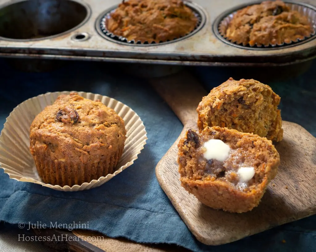 Horizontal view of whole muffin, split muffin and filled muffin tin